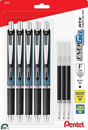 Pentel Energel RTX - Bolígrafos de punta de aguja de 0.020 in, juego de bolígrafos de gel líquido retráctiles Energel RTX - Paquete de 5 bolígrafos