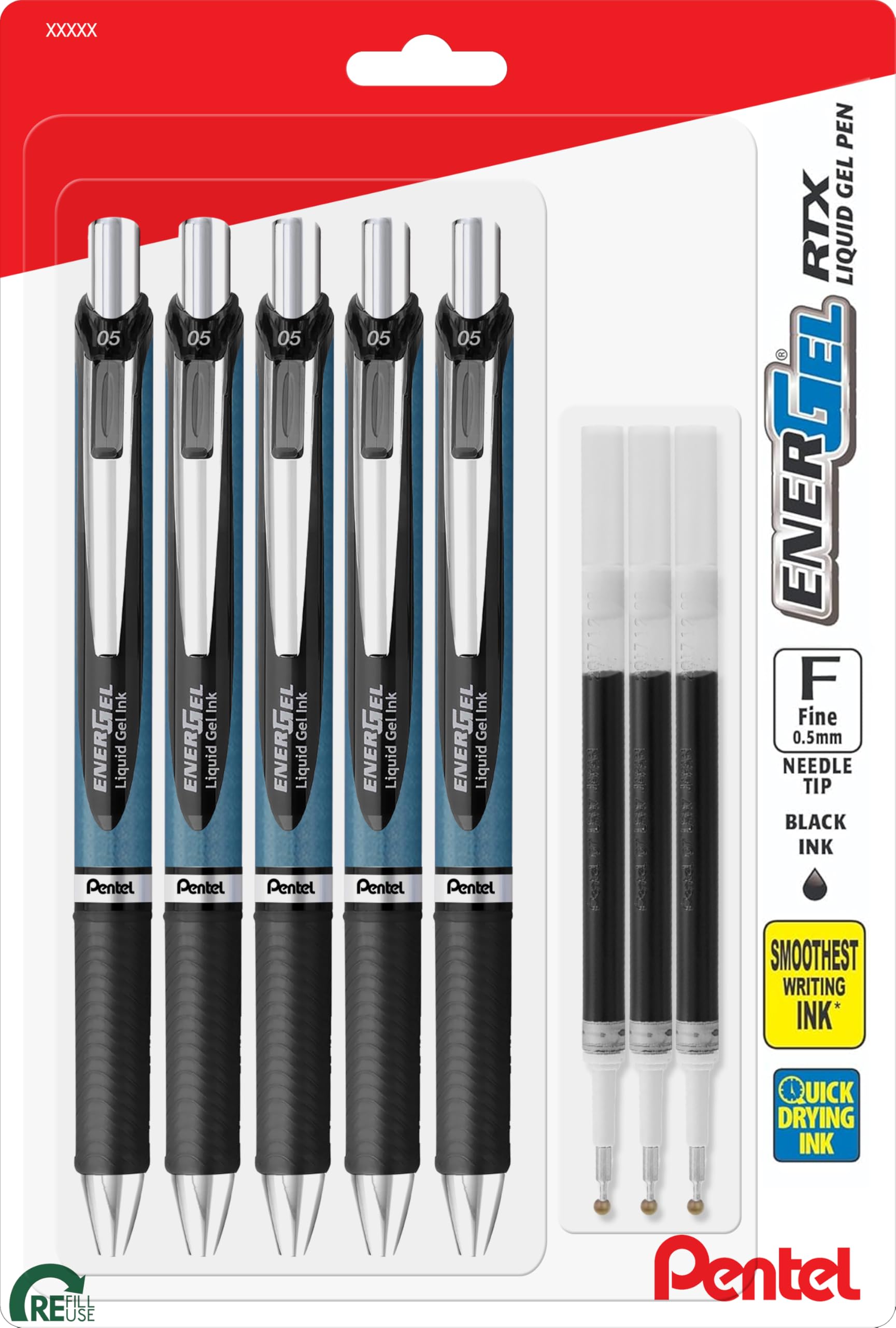 Energel 0.5 mm Needle Tip Pens - Energel RTX Retractable Liquid Gel Pen Set - Pack of 5 Black Pens & 3 Refills