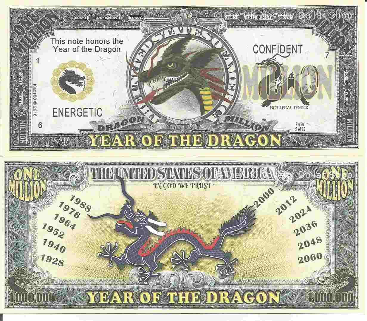 Novelty Dollar Year Of The Dragon Energetic Confident Million Dollar Bills X 2 Chinese Zodiac