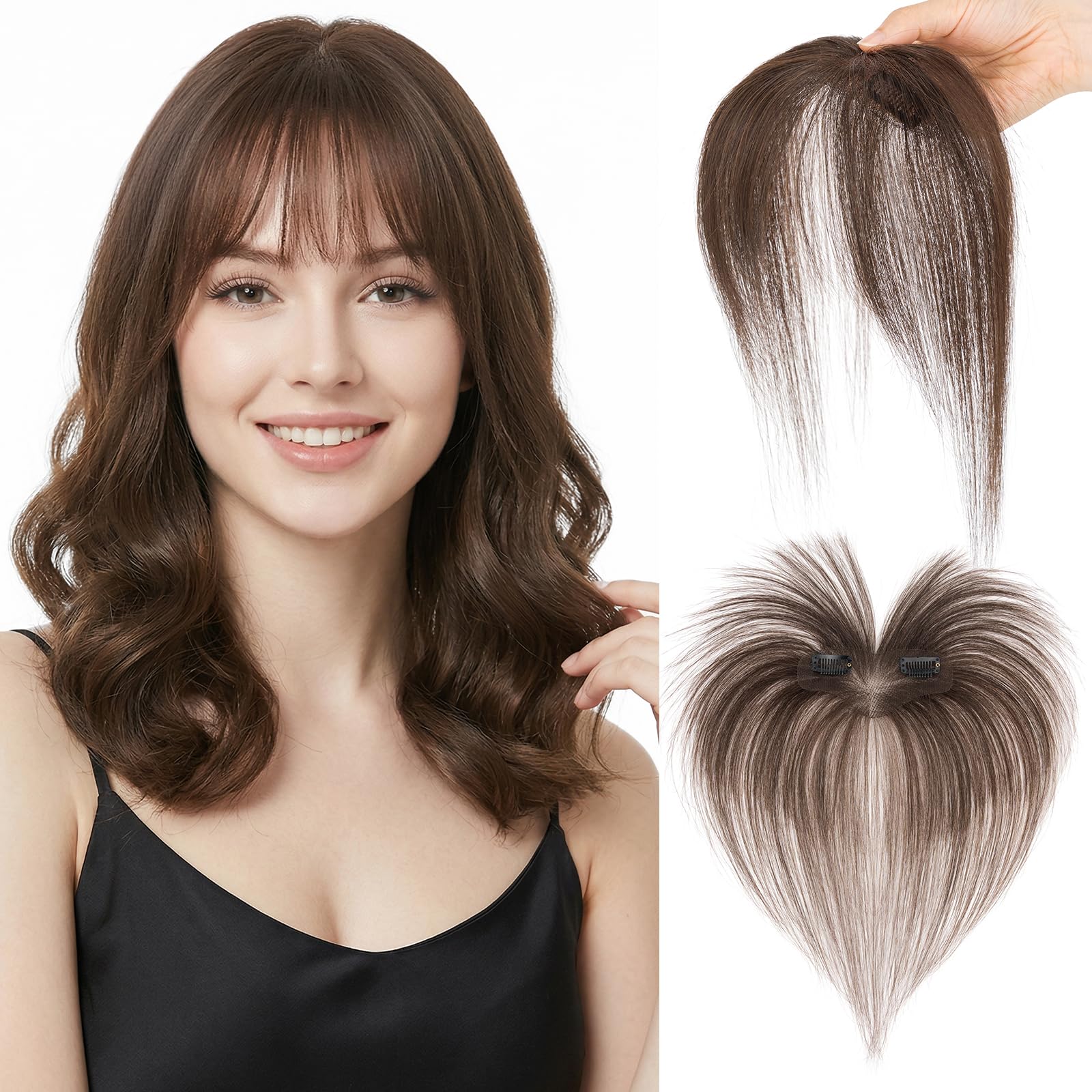 Clip in Pony pelo humano 100% Remy, flequillo francés aireado para sienes claros, extensiones de pelo natural anudado a mano para mujer, #2 marrón oscuro