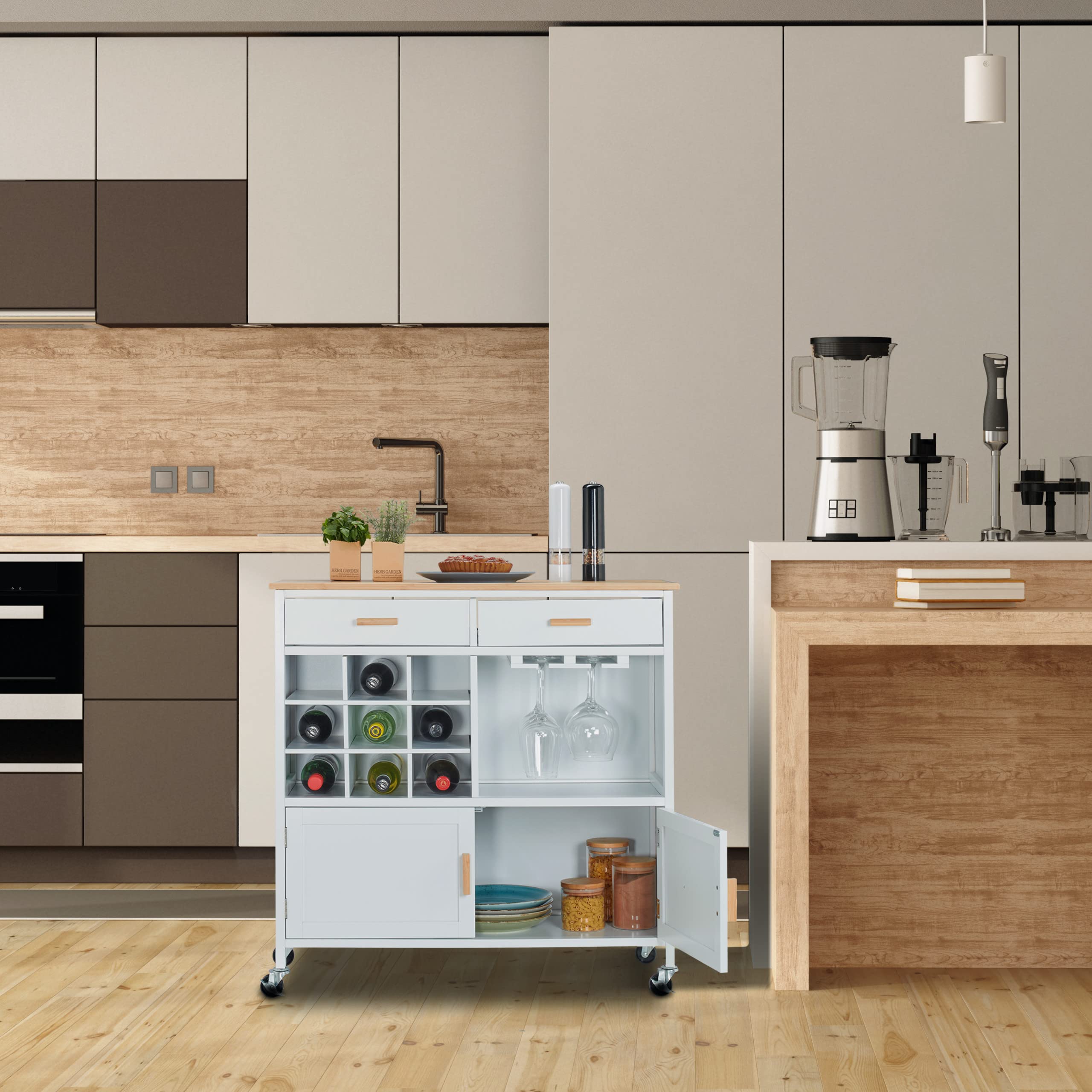 Relaxdays Carrello da Cucina, 2 Cassetti, Vano, Scomparti Calici e Vino, 88,5x86x41 cm, Piano di Lavoro, Bianco/Naturale