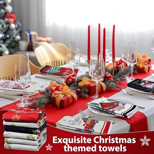 Miniatura 4 de Oudain Juego de 6 toallas de cocina y paños de cocina de Navidad, Papá Noel, muñeco de nieve, camión, árbol de Navidad, paños de cocina de invierno,