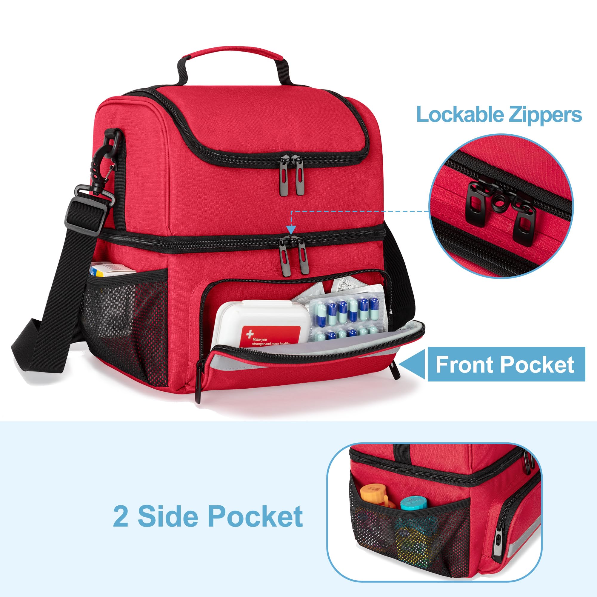 CURMIO Doppelschicht Medizinische Tasche, Tragbar Reiseapotheke Tasche, Notfalltasche für Medizinflasche, Vitamine, Medizinisches Zubehör, Leer, Rot