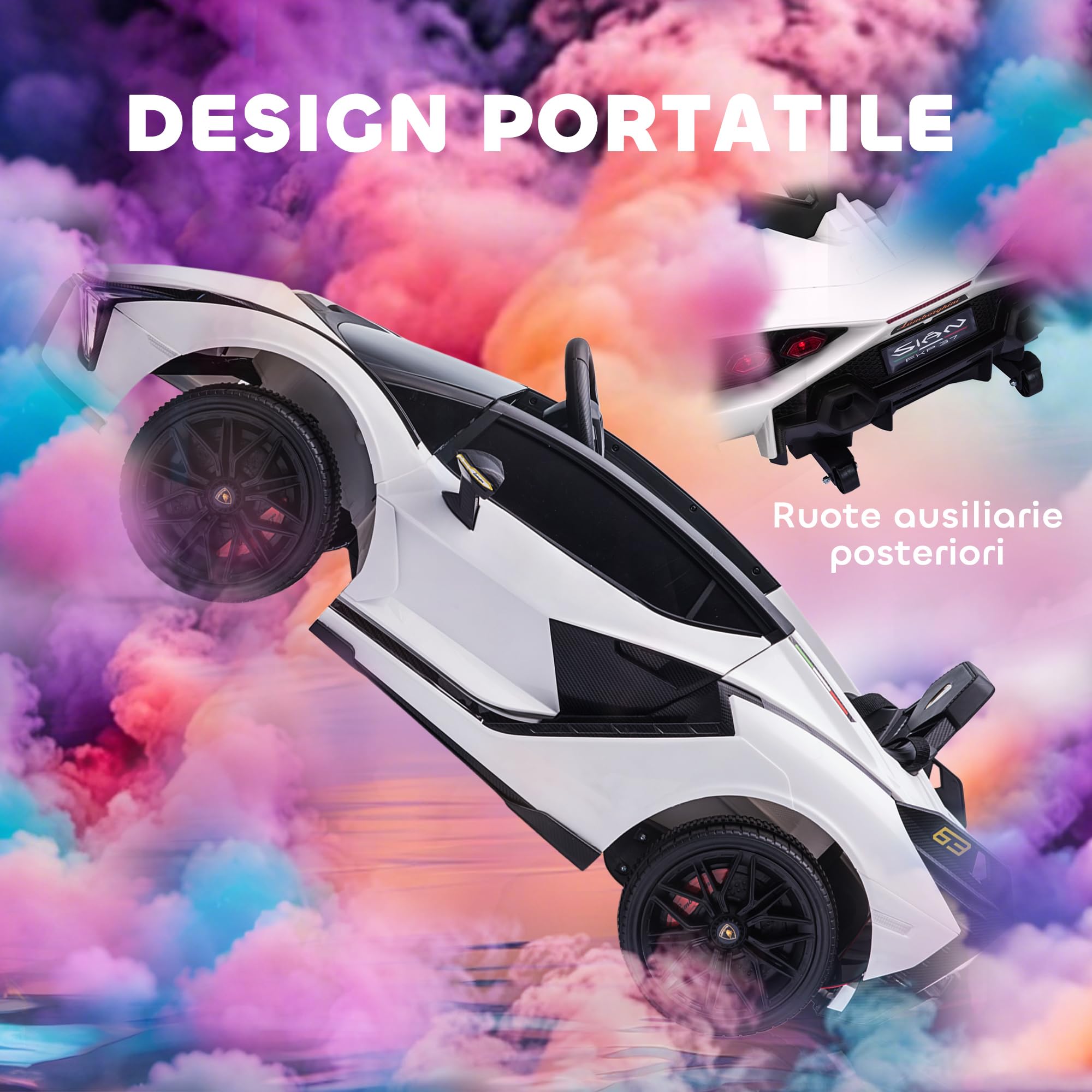HOMCOM Macchina Elettrica per Bambini 3-5 Anni 12V Lamborghini SIAN, 3-5km/h Auto Elettrica per Bambini con 2 Motori, Fari e Musica, Telecomando, Cintura e Clacson, Bianco