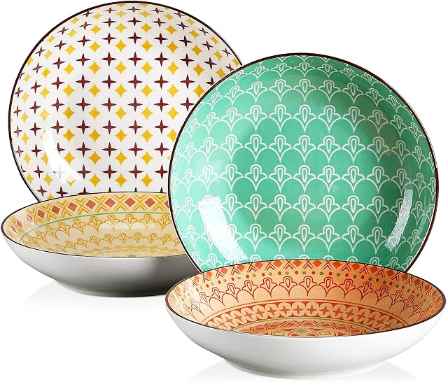 vancasso Tulip, 4-częściowy zestaw misek do zupy, porcelanowe talerze, wielokolorowy wzór w japońskim stylu, serwis obiadowy, marokańska zastawa, do makaronu Ramen (21,5 x 21,5 x 4,5 cm)