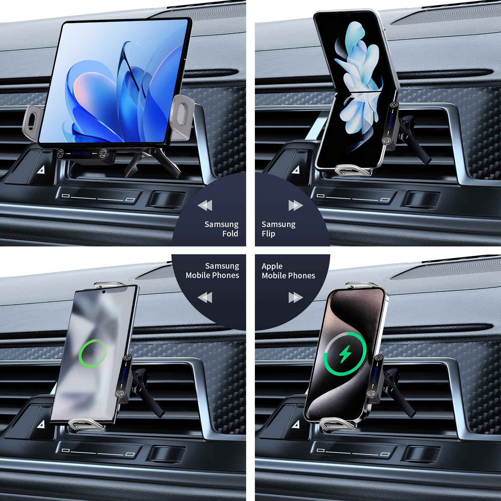 Caricatore Ricarica Wireless Auto 15W, Supporto Smartphone Auto per Galaxy Z Fold/Flip, Qi Doppia Bobina Caricabatteria da Auto, Rotazione 90° per Galaxy Z Fold, Magic V3 V2, Mate X5 X4