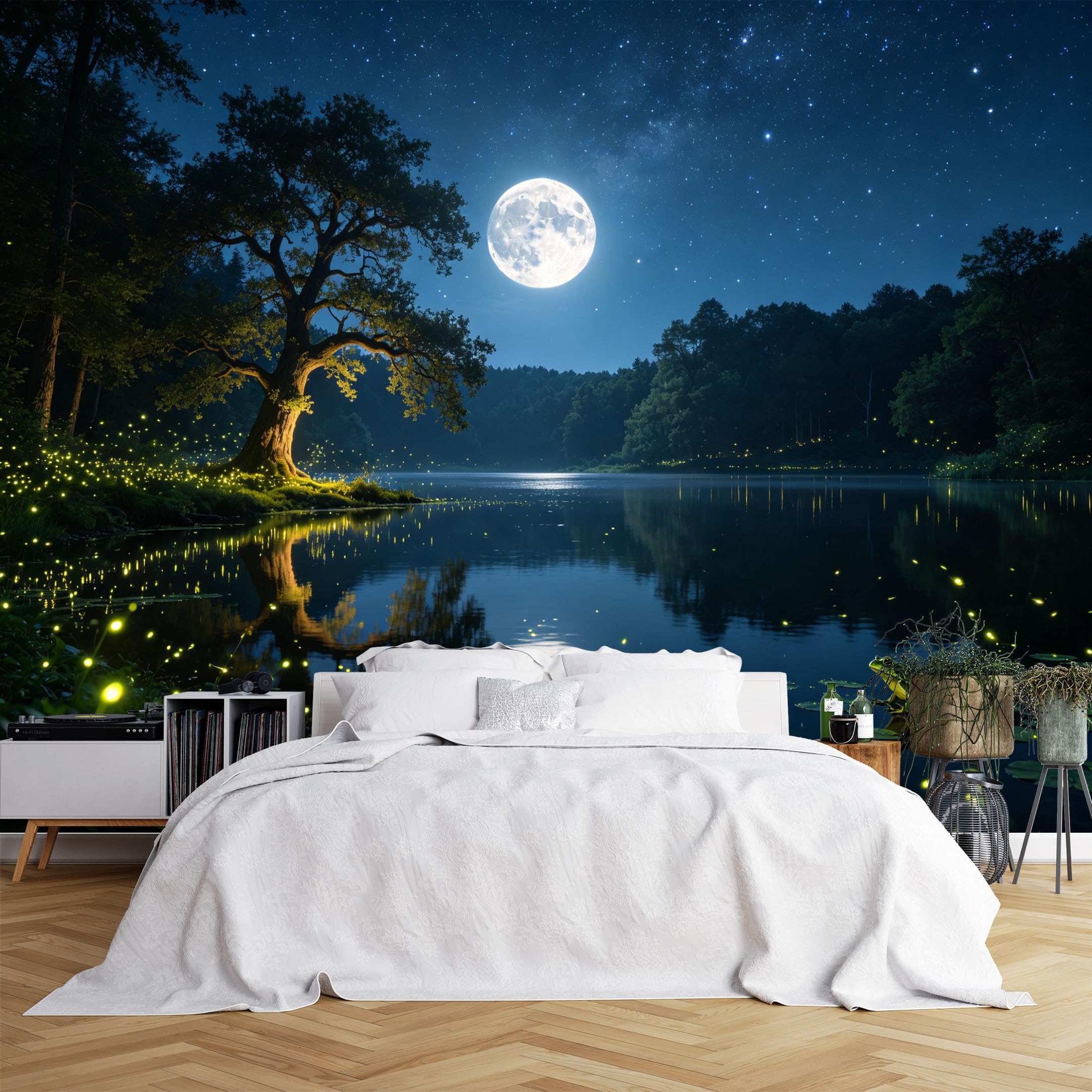 Lcythiazole Ch260615105 Custom Size Wall Murals Full Moon Lake Firefly Frog Night View Wall Murals Realistic Landscape Wallpaper Home Decor Self-Adhesive Removable Wallpaper For Bedroom
