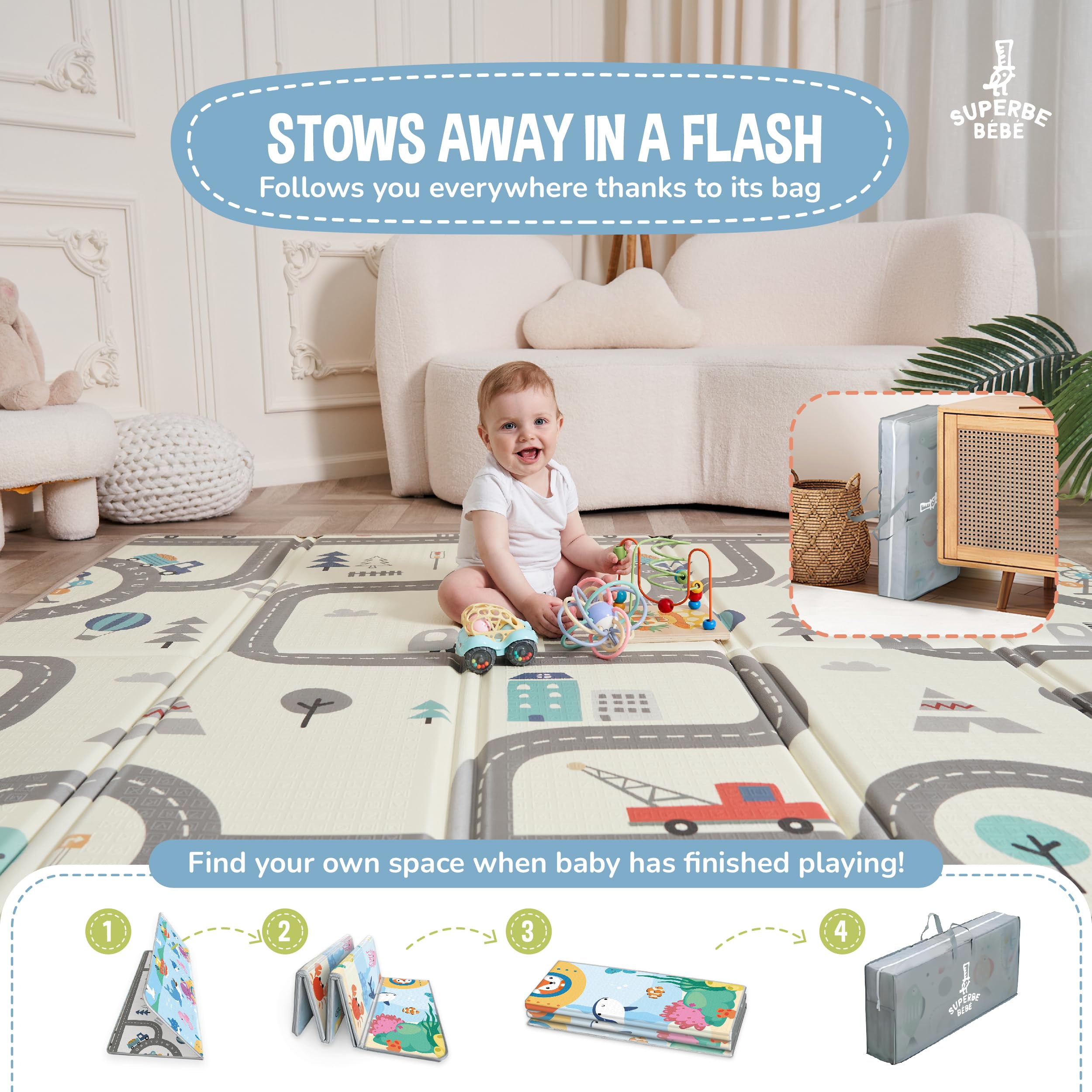 SUPERBE BEBE Tappeto Per Bambini e Neonati Reversibile e Non Tossico, Pieghevole e Impermeabile in Schiuma Per Bimbi. Per la Camera del Bambino o della Bambina. Grande Formato Regalo Bambino