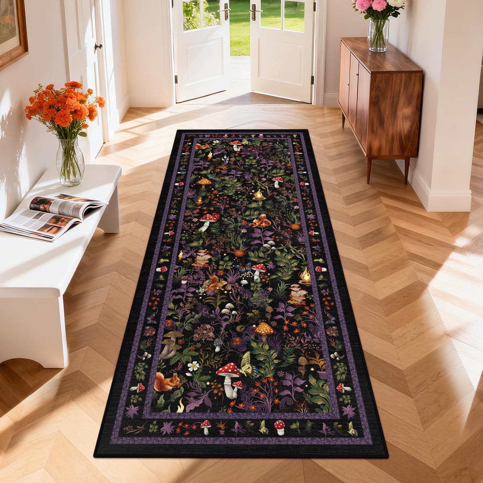 Geanup Runner Rug for Hallway, 80 x 200 cm, Purple Kitchen Runner, Washable Non-Slip, Soft Bedroom Rug Runner, Fairytale Mushroom Hallway Runner for Corridor, Laundry Room, Living Room, Children's