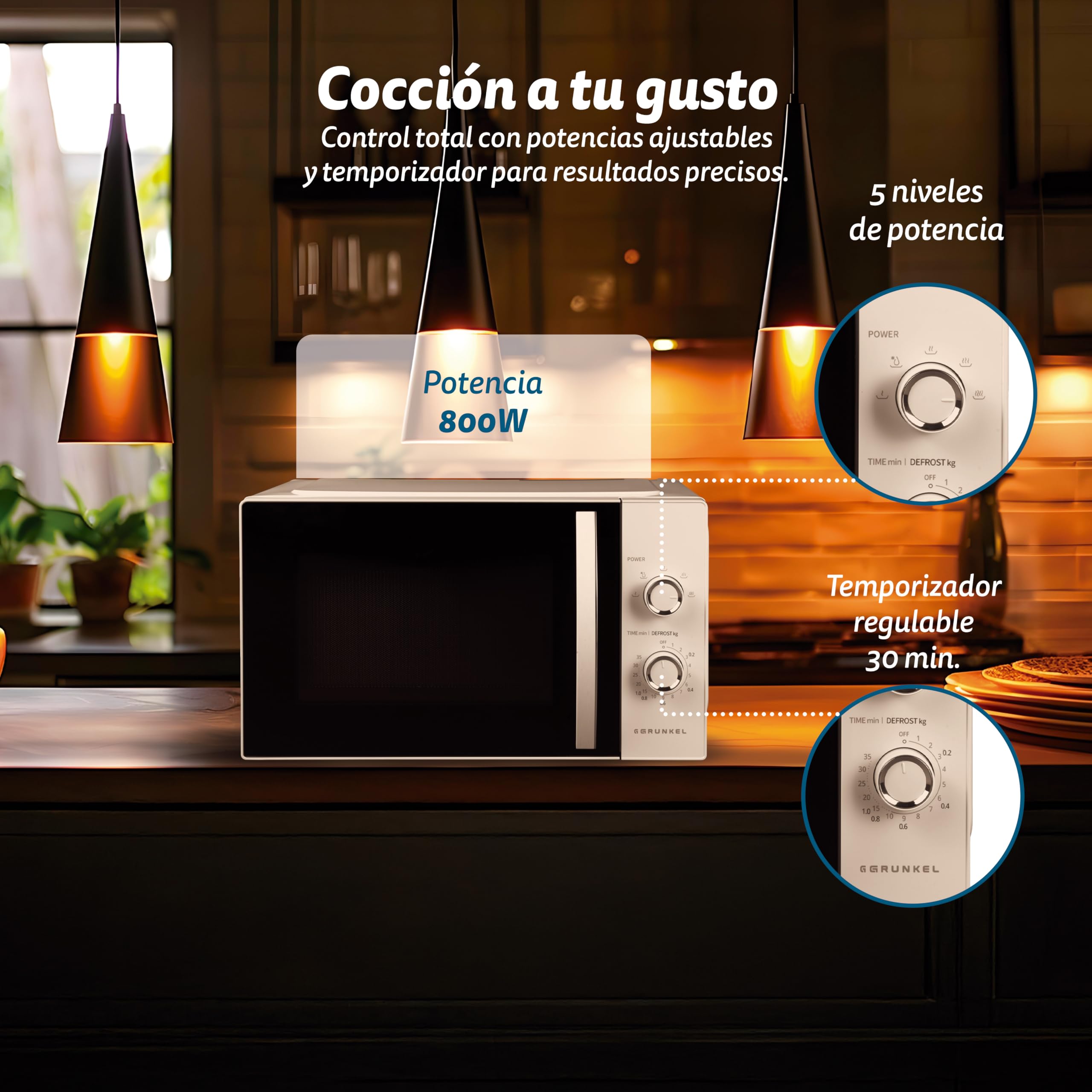 Microondas Grunkel con grill de 800w y 25 litros de capacidad MW-25MA con 5 niveles de potencia, descongelacion y plato de 24,5cm. (Sin Grill)