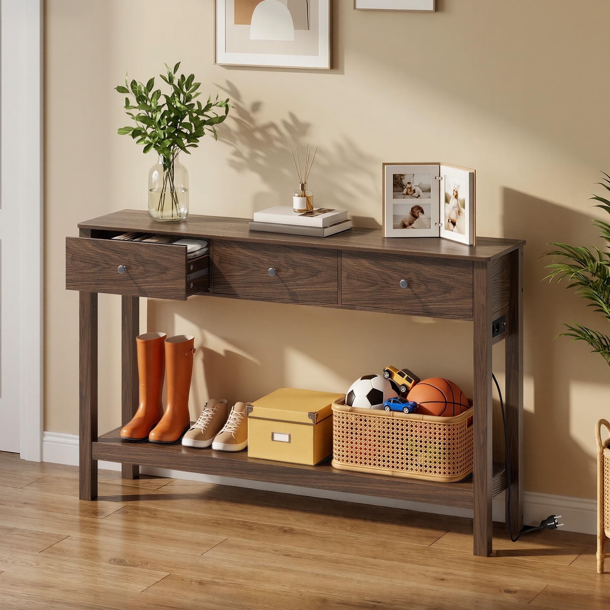 Xbro Mesa de Consola con Tomas de Corriente, Mesa de Pasillo con 3 Cajones y Estante, Mueble Recibidor Entrada para Entrada, Pasillo,Salón,130 x 30 x 80 cm,Marrón