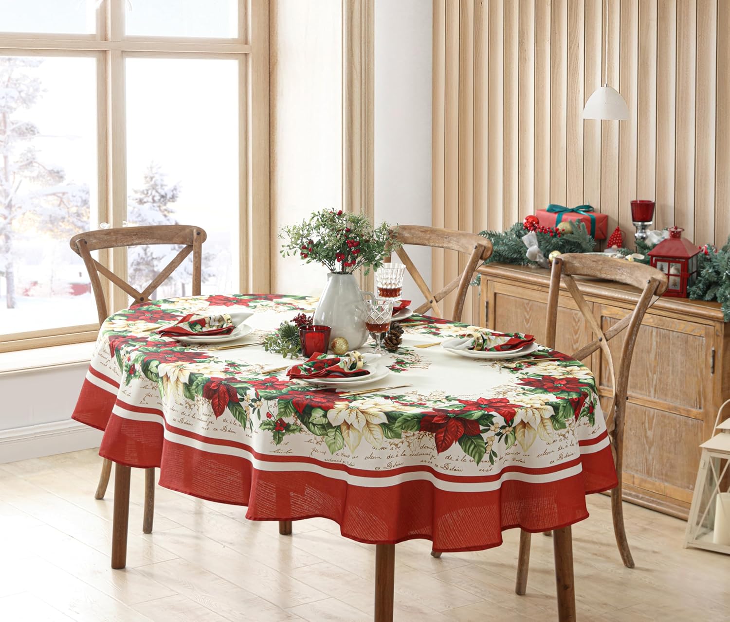 Newbridge Christmas Presley Red and White Poinsettia Double Bordered 60 x 84 inch Oval Fabric Tablecloth, Holiday Cottage Floral Border Print Table Cover for Dining Party