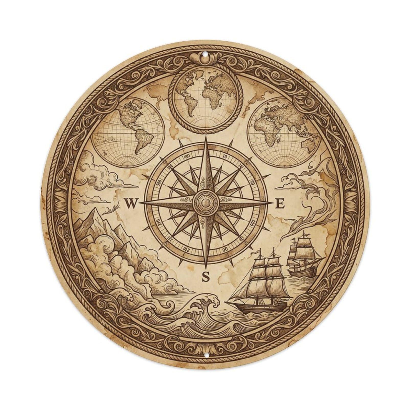 Vintage Nautical Compass World Map Hemisphere Path Metal Tin Sign