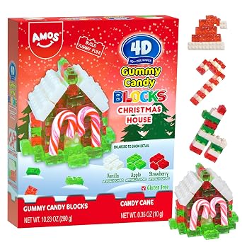 AMOS 4D Christmas Candy Gummy Blocks, Edible Blocks Christmas House with Candy Canes, Fruit Snacks Gluten Free, Xmas-themed Stocking Stuffer, 10.58oz Pack Random Packing