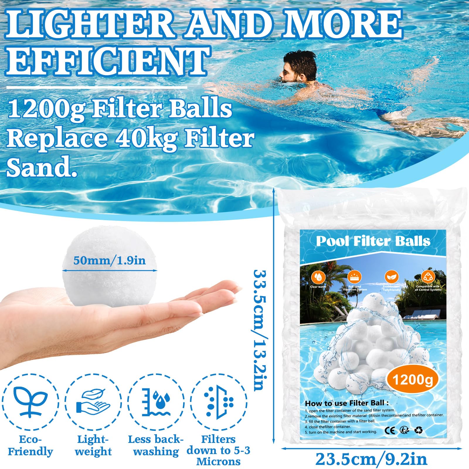 1200 g Bolas Filtro Piscina, Bolas Depuradora Piscina Bola de Filtro de Piscina para Sistemas de Filtro de Arena, Reemplaza 40kg Arena de Filtro, Limpiador de Piscinas Sistema de Filtro