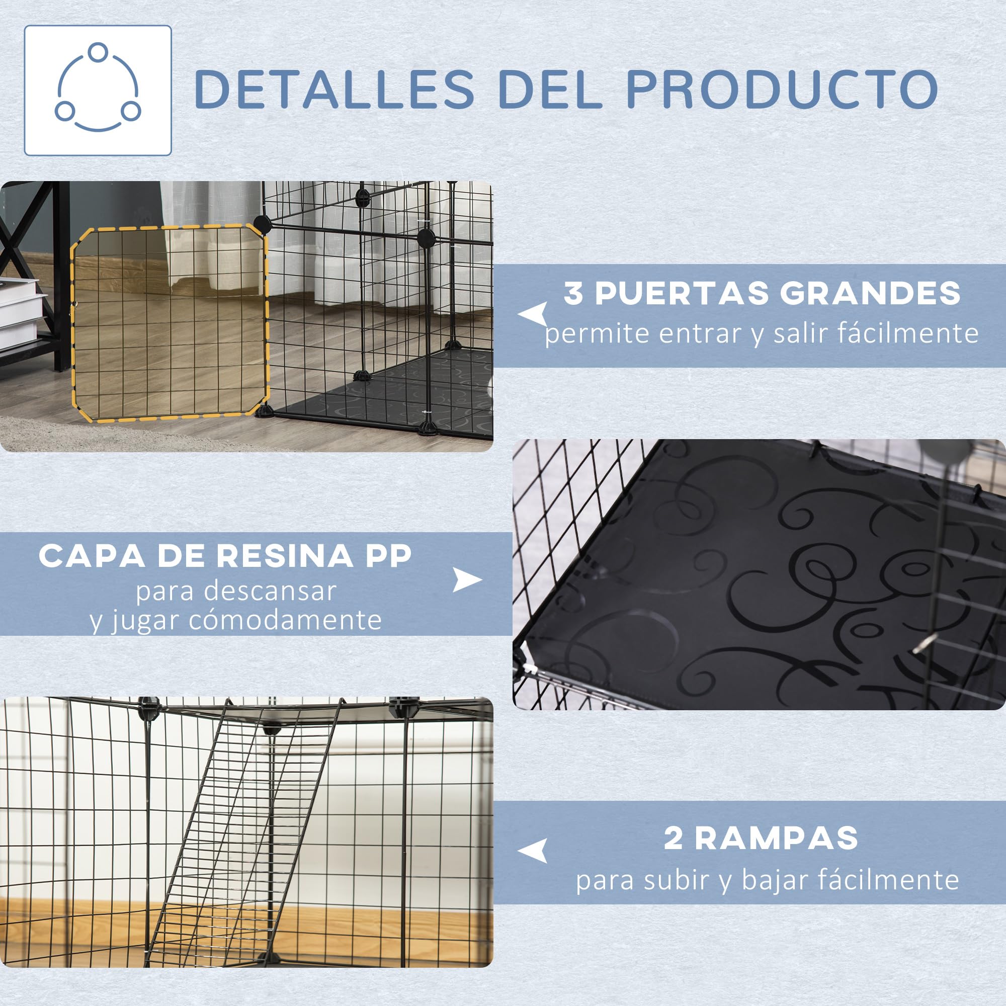 PawHut Jaula para Animales Pequeños de 38 Paneles Parque para Mascotas Forma Personalizable Valla Metálica para Cobayas Conejos Chinchillas 70x70x105 cm Negro