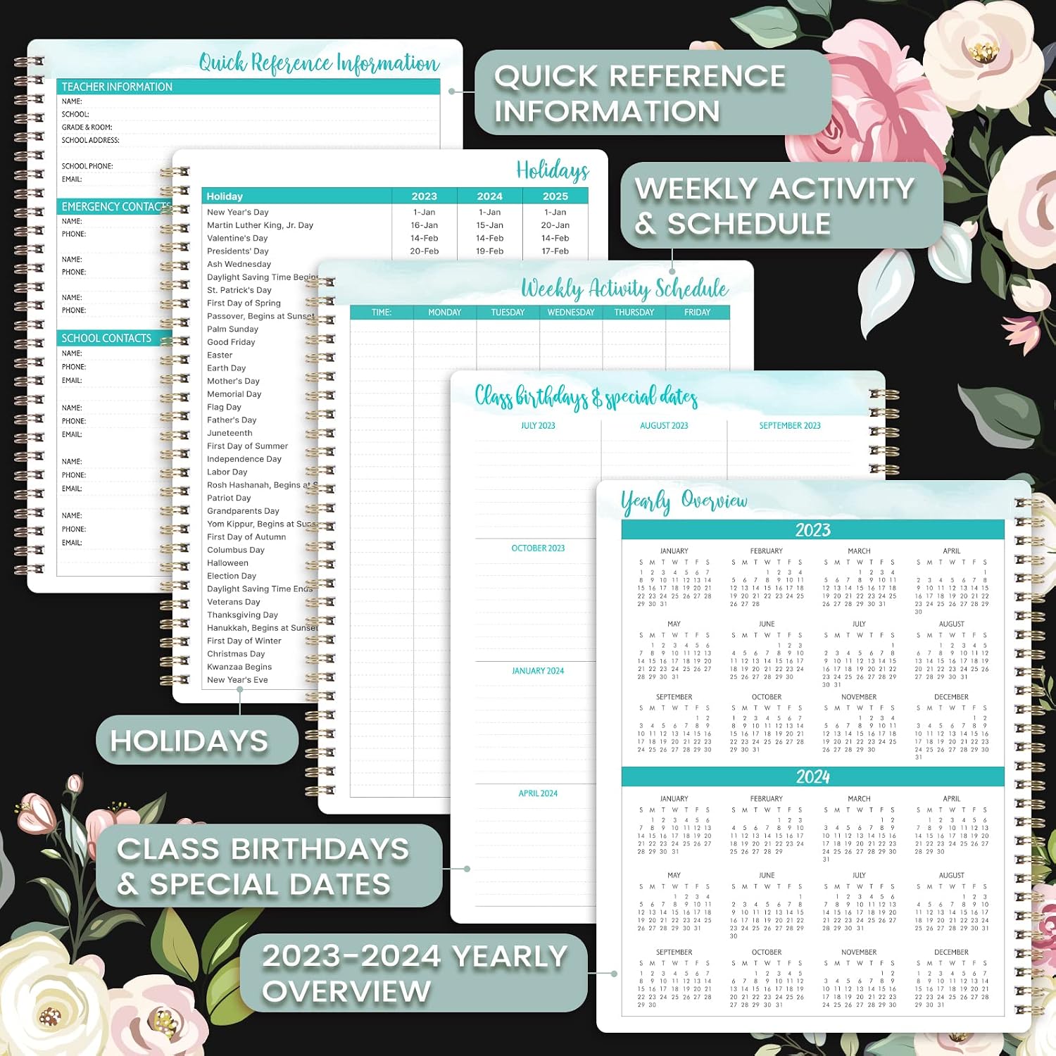Teacher Planner 2023-2024 - Lesson Planner 2023-2024 from July 2023 - June 2024, Academic Planner & Lesson Plan Book, Weekly Monthly Planner 2023-2024 with Twin-Wire Binding, Floral, 7.6'' x 9.7''