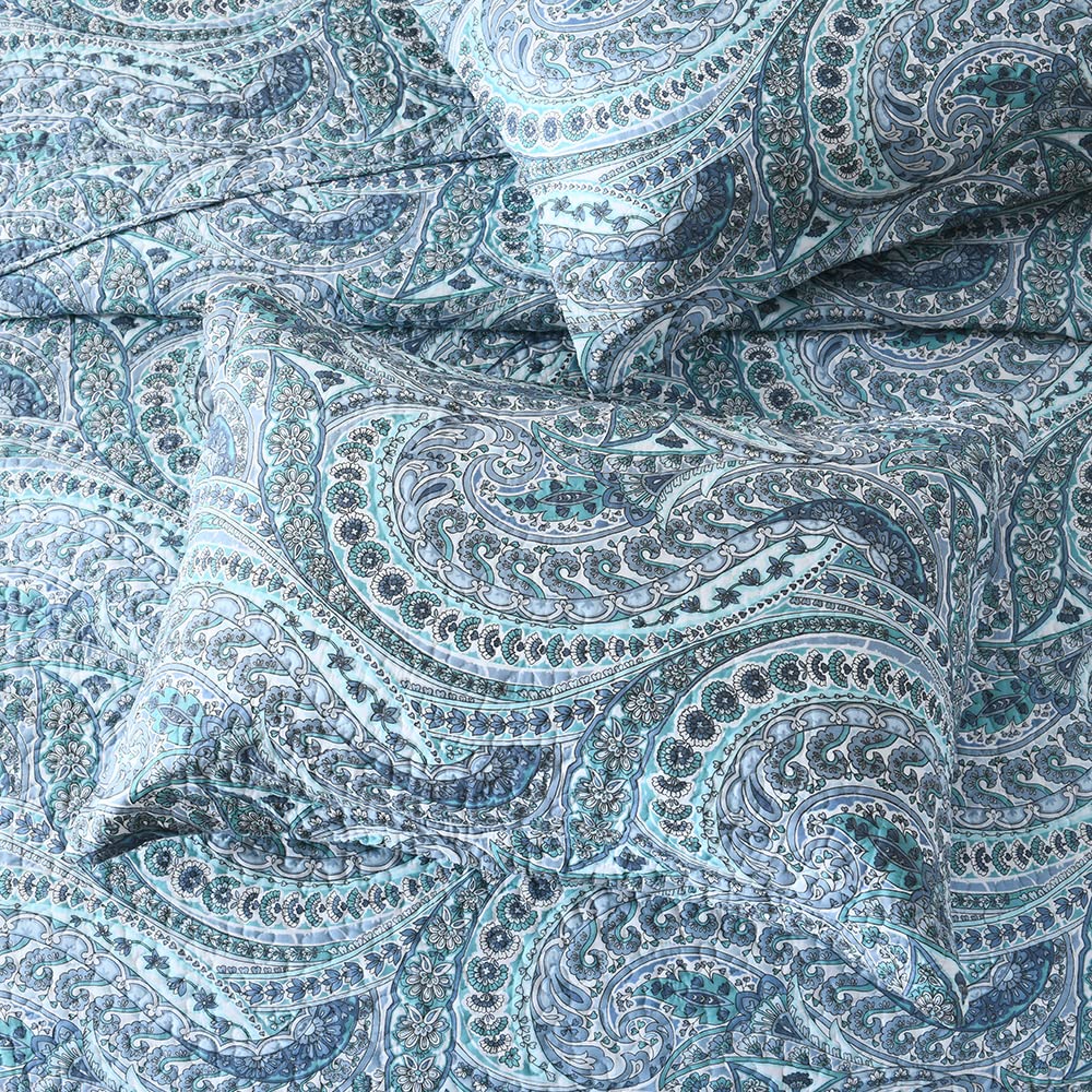 ENASAL Tagesdecke Bettdecke aus Baumwolle 220x240cm, Bettüberwurf 230x250cm für Doppelbett mit Blauen Paisley Blumen, Ganzjahresdecke Gesteppte Decke Steppdecke mit 2 Kissenbezug