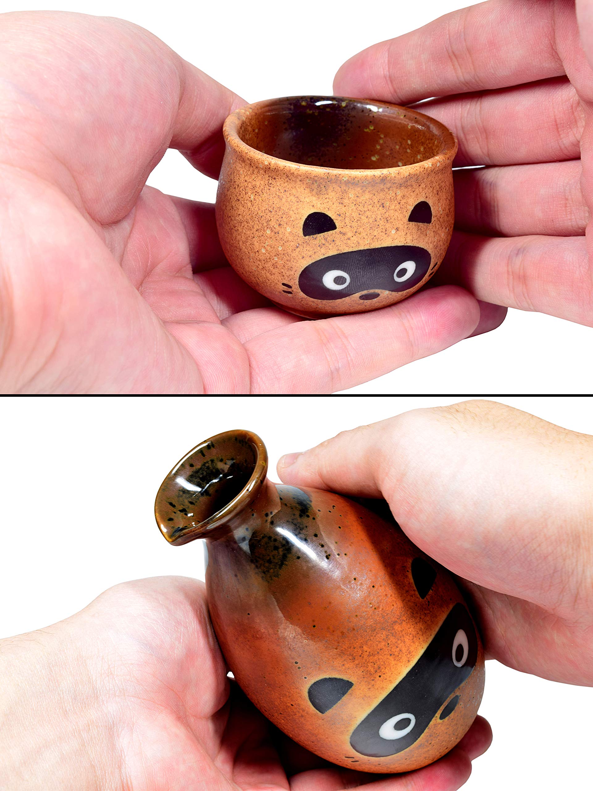 Mino Ware Traditional Japanese Sake Set, Tokkuri Bottle and 2 Ochoko Cups, Tanuki Japanese Racoon Dog
