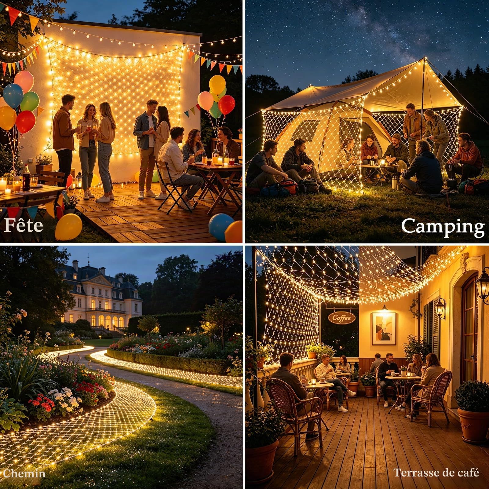 Lot 2 3x2M 200 LED Filet Lumineux Extérieur avec Prise, Blanc Chaud | Fonction minuterie, 8 modes lumineux variés et IP65 étanche, parfait pour jardin, chambre et décoration de Noël intérieur