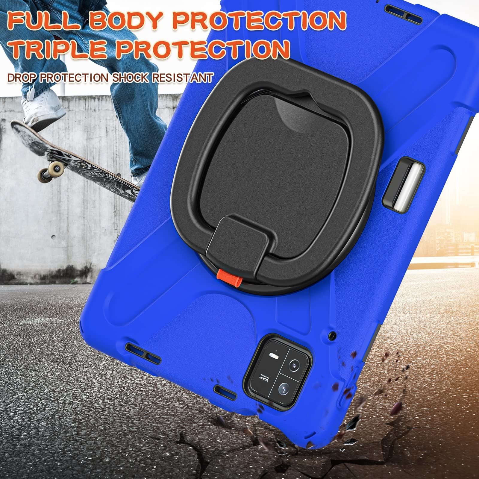 Coque Compatible avec Xiaomi Pad 6/Pad 6 Pro 11 Pouces (Version 2023), Coque Robuste en TPU Antichoc for Enfants, Support Multifonction Rotatif à 360 degrés et bandoulière(Blu)