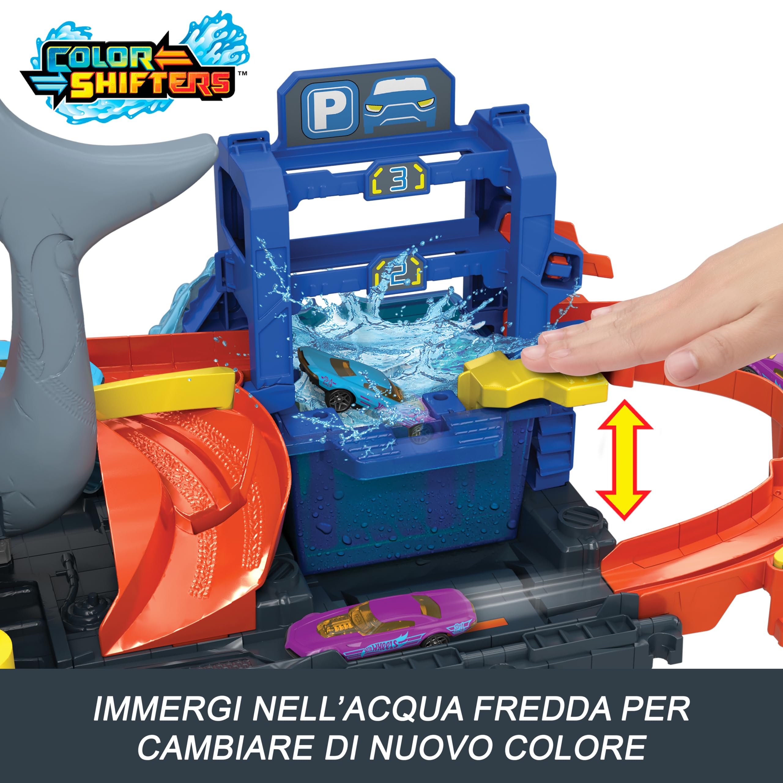 Hot Wheels 'Let's Race' Netflix - Mega Squalo Autolavaggio, pista con rullo di schiuma e cancelli mobili, funzione cambia colore e macchinina Color Reveal inclusa, 3+ anni, HTN82