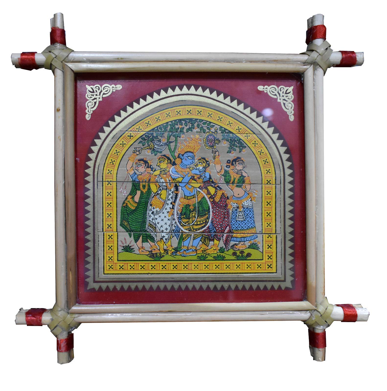 Village Kraft Patachitra Radha Krishna Palm Leaf Painting Framed Wall Decoration, Home Decor, Wall Painting (Brown, (Size - 12.7 x 12.7 cm))