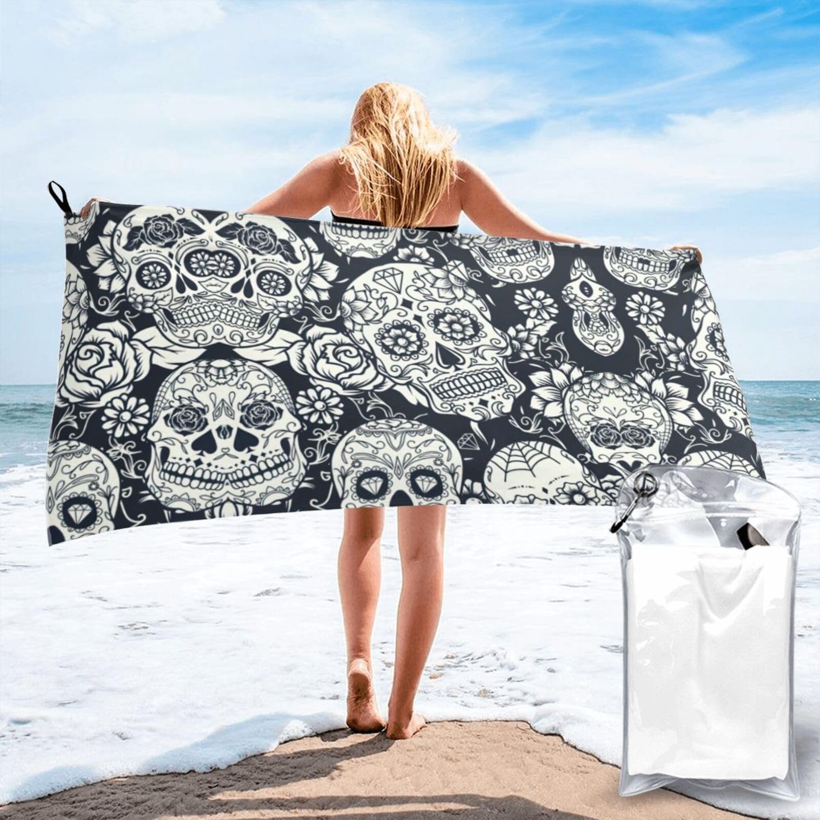 ENGhjes Floral Skull Print Camping Towel Fast Drying Bath Beach Shower Wrap For Gym Camping Vacation Adults Portable Gift