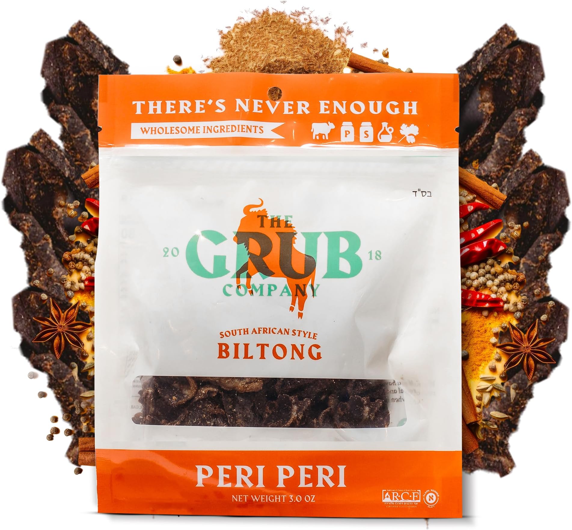 The Grub Company’s Glatt Kosher Peri-Peri Biltong | Enjoy The Spice, Protein, and Pure Deliciousness | Premium Biltong Delight To Spice Up Your Snack Game