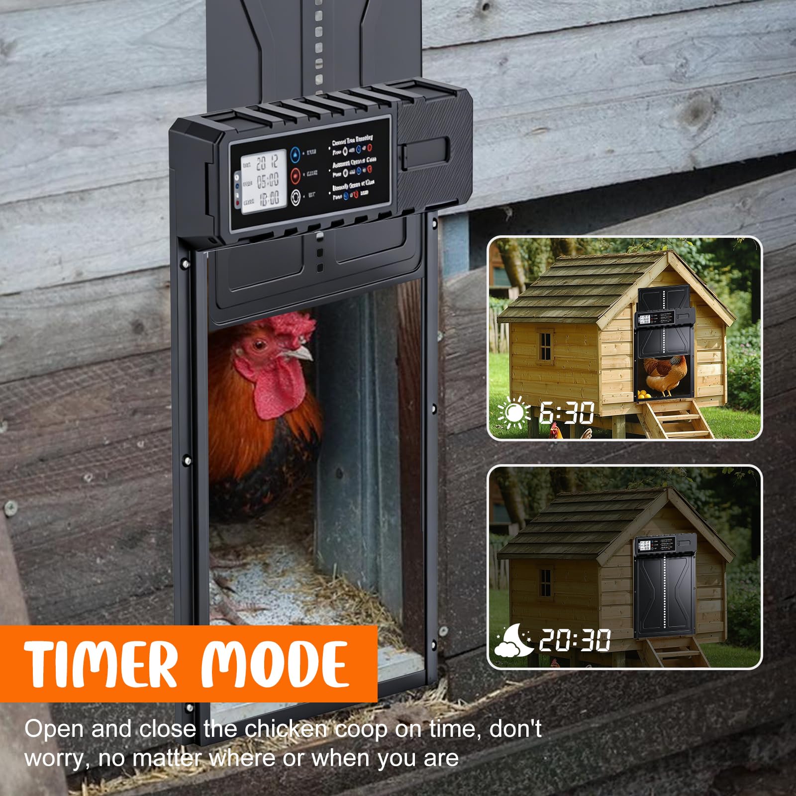 Batería automática de gallina, tamaño de aluminio puerta eléctrica de pollo con pantalla+temporizador+protección inteligente contra pellizcos Modo manual, funciona con pilas (pilas no incluidas)