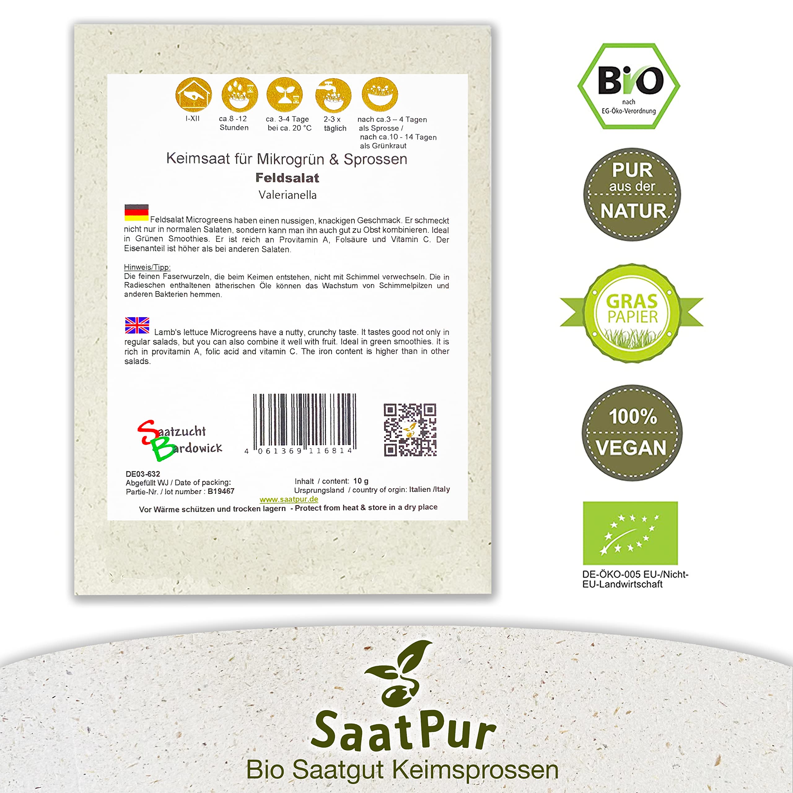 Bio Sprossen Samen Feldsalat - 100% Bio Keimsprossen - Microgreens mit hoher Keimkraft - Kleines Tray mit 20 Portionstüten je 10g