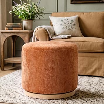 Round Swivel Ottoman, Modern Upholstered Footstool, Brown Chenille
