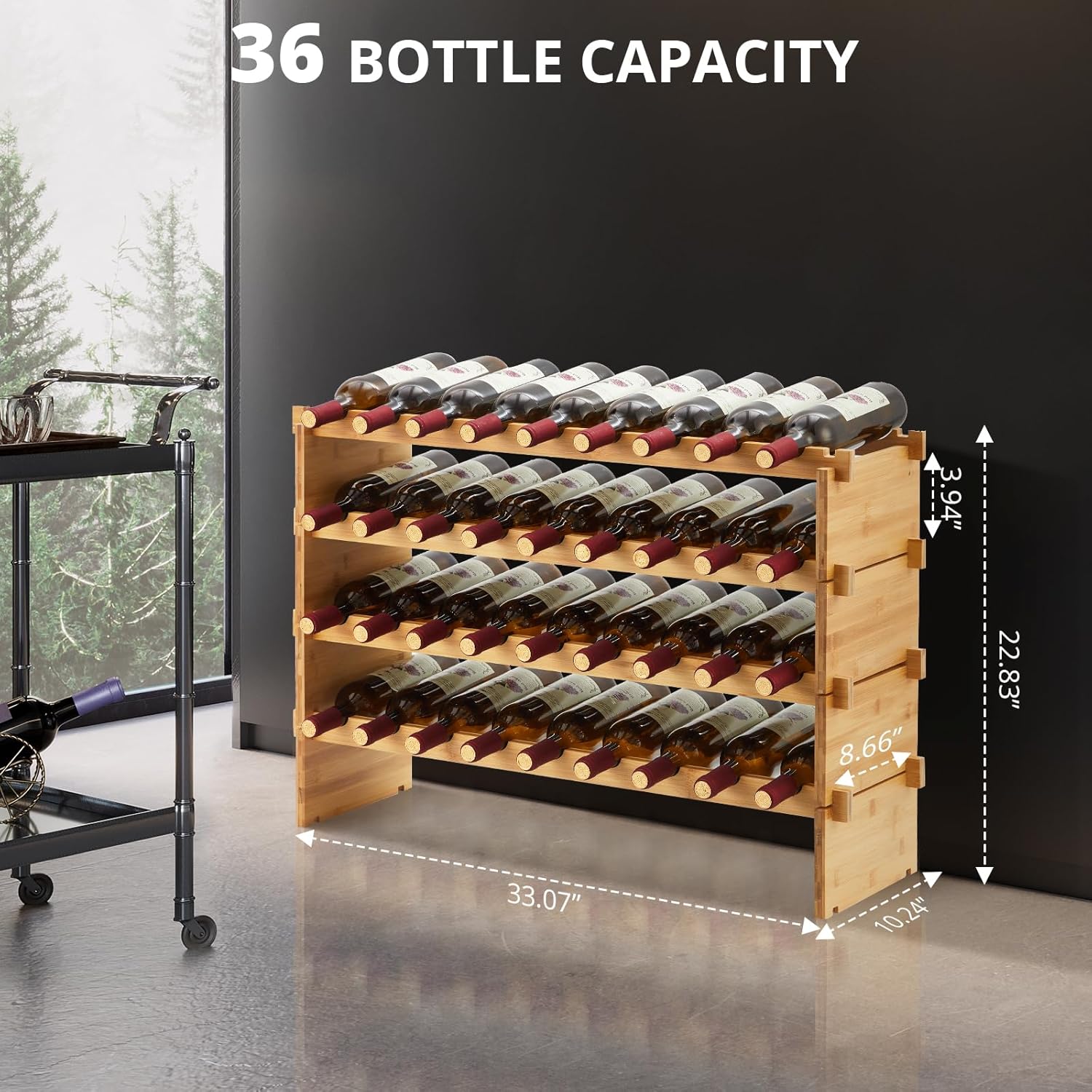 Wine Rack Bamboo Stackable, Bottle Holder Wine Racks Free Standing Storage Display Shelf for Kitchen Cellar Dining Room, Free Tools Assembly