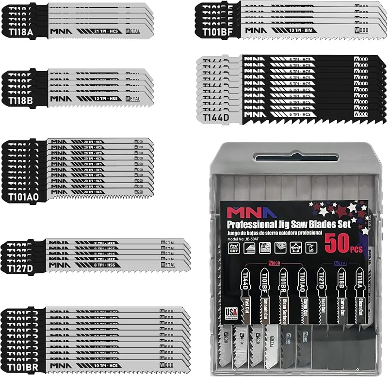 Multi-Purpose Jig-Saw Blades, 50 Pieces, Assorted Jig Saw Kit Value Pack for Wood, Plastic and Metal Cutting with Carry Case