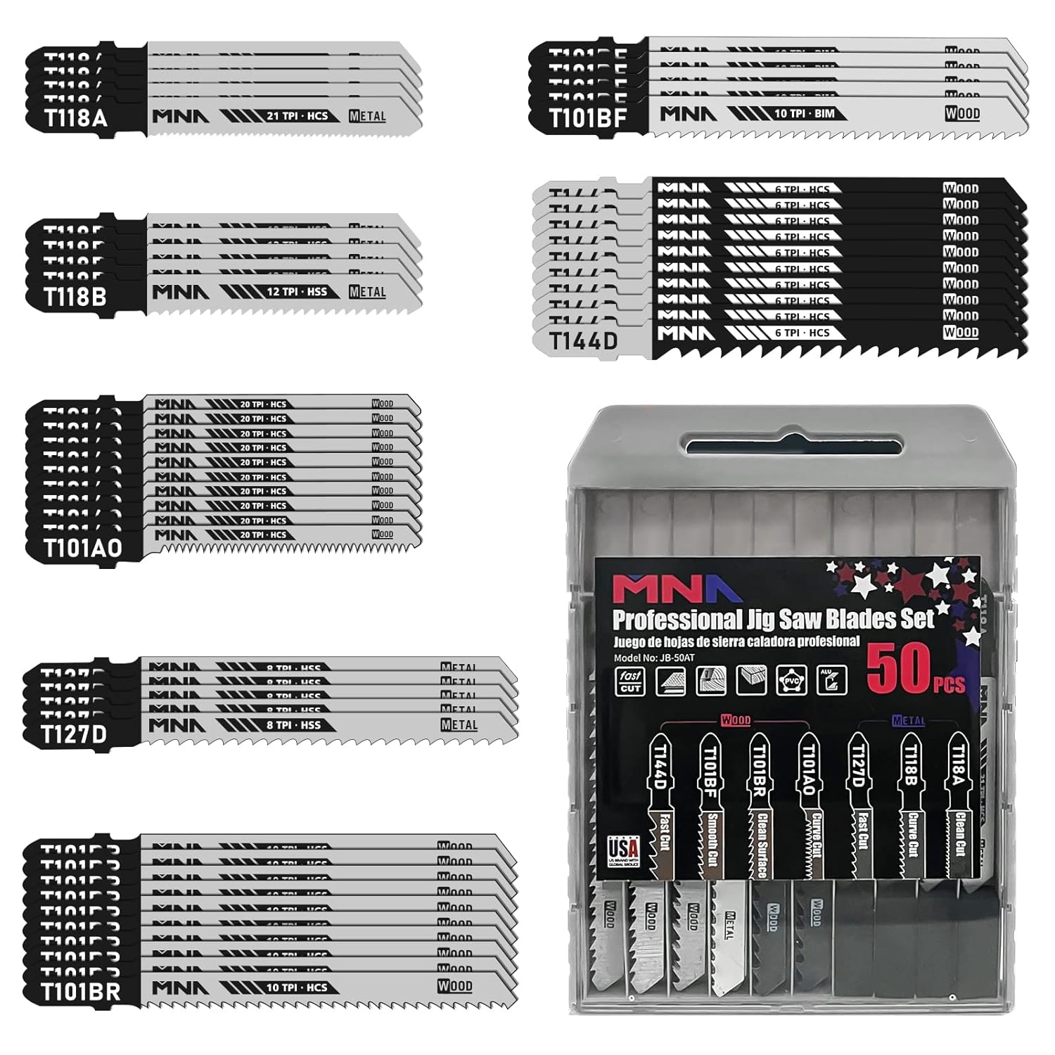 MNA MultiPurpose Jigsaw Blades, 50 Pieces, Assorted Jig Saw Kit Value Pack for Wood, Plastic