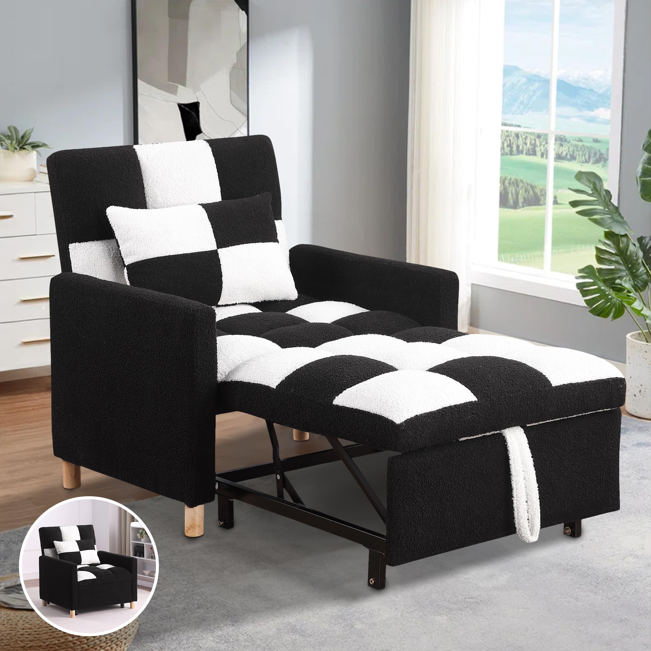 70'' Convertible Chair Bed, Extra Long Teddy Fabric Single Pull Out Sofa Bed, 4 in 1 Adult Sleeping Chair, Recliner Chair with Pillow, Adjustable Backrest, Black White