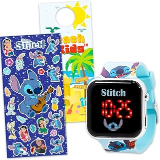 Disney Stitch Watch for Girls - Bundle LCD Digital Watch for Kids with Blue Cartoon Straps Plus Stickers, More | Easy to Read Lilo and Stitch Wristwatch for Kids