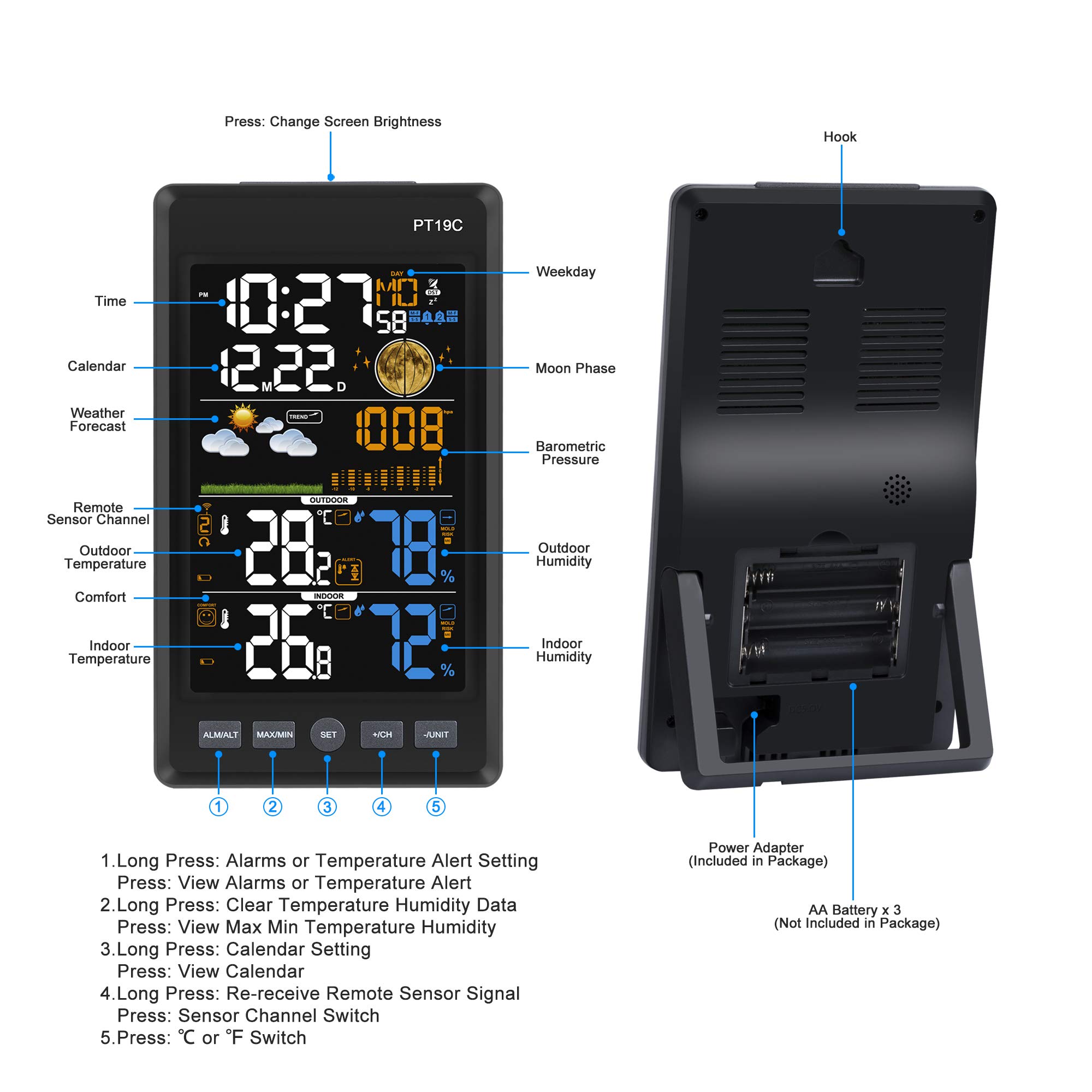 Kalawen Weather Station with Outdoor Sensor, 360° Wide Viewing Angle