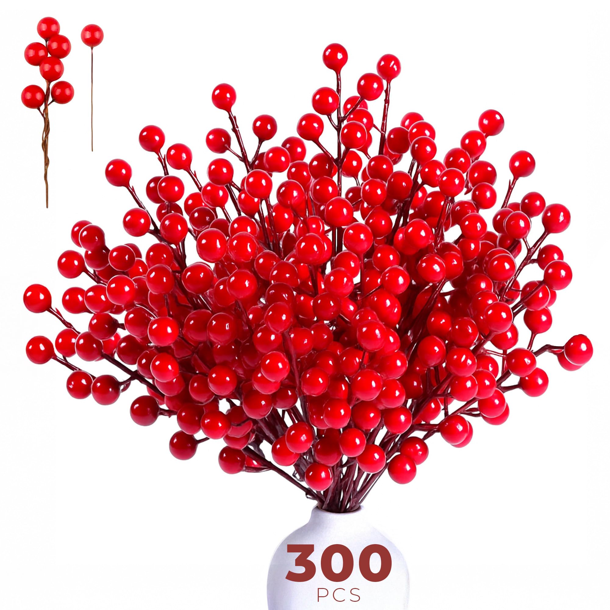 Cuqoo Red 300Pc Holly Berries – Artificial Berry Stems For Christmas Decorations, Wreath Making Supplies, Berry Picks For Trees, Garlands, Crafts & Festive Diy Décor