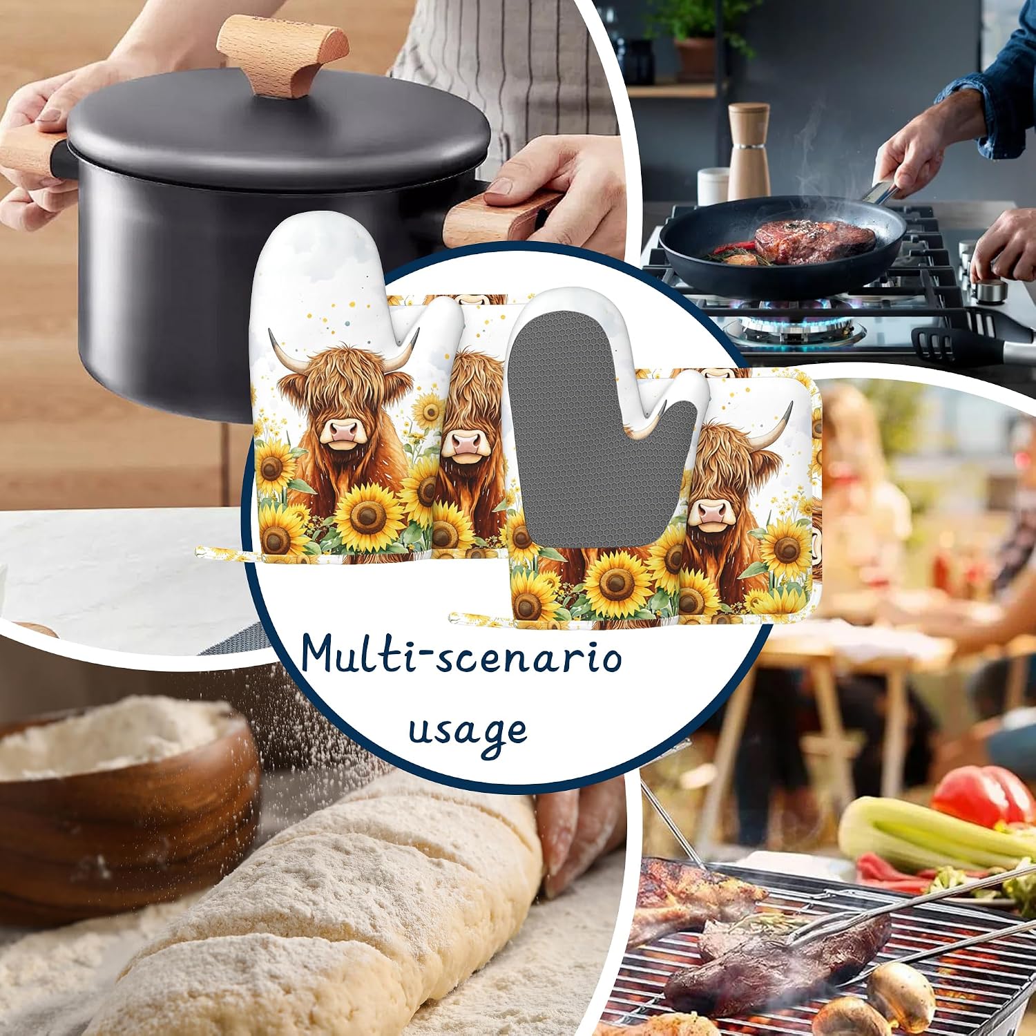 Kitchen Mitts Set,Highland Cow Oven Mitts and Pot Holders Sets,Thick Cotton Heat Resistant Rustic Sunflower Hot Pan Holder Extra Long Cooking Mitts for Cooking Baking Grilling BBQ Bakeries