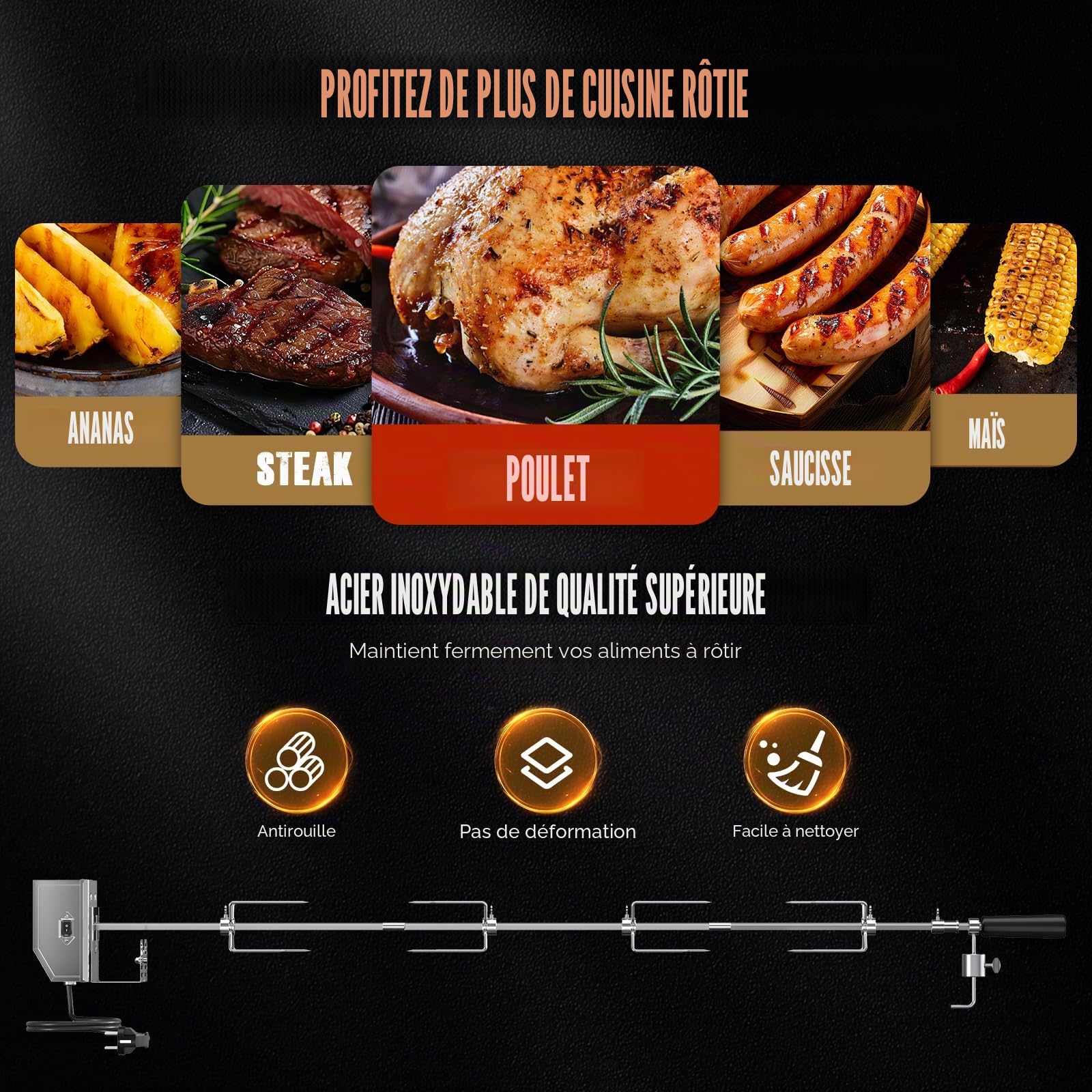Tourne-broche électrique,tourne-broche automatique à 360°avec moteur 120V 4W, tige de broche de 34 à 42cm,4 fourchettes à viande, supports complets et vis de fixation pour barbecues de jardin