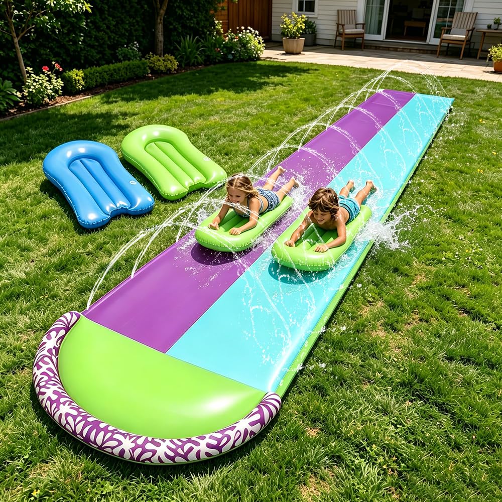 Wasserrutsche Garten, 6,1 * 1,4M Doppel Wasserrutschmatte, Wasserspielzeug Outdoor mit 2 Surfboard, Rasen Wasserrutsche Rutschmatte mit Sprinkler, Wasserbahn Duell für Garten Rasen