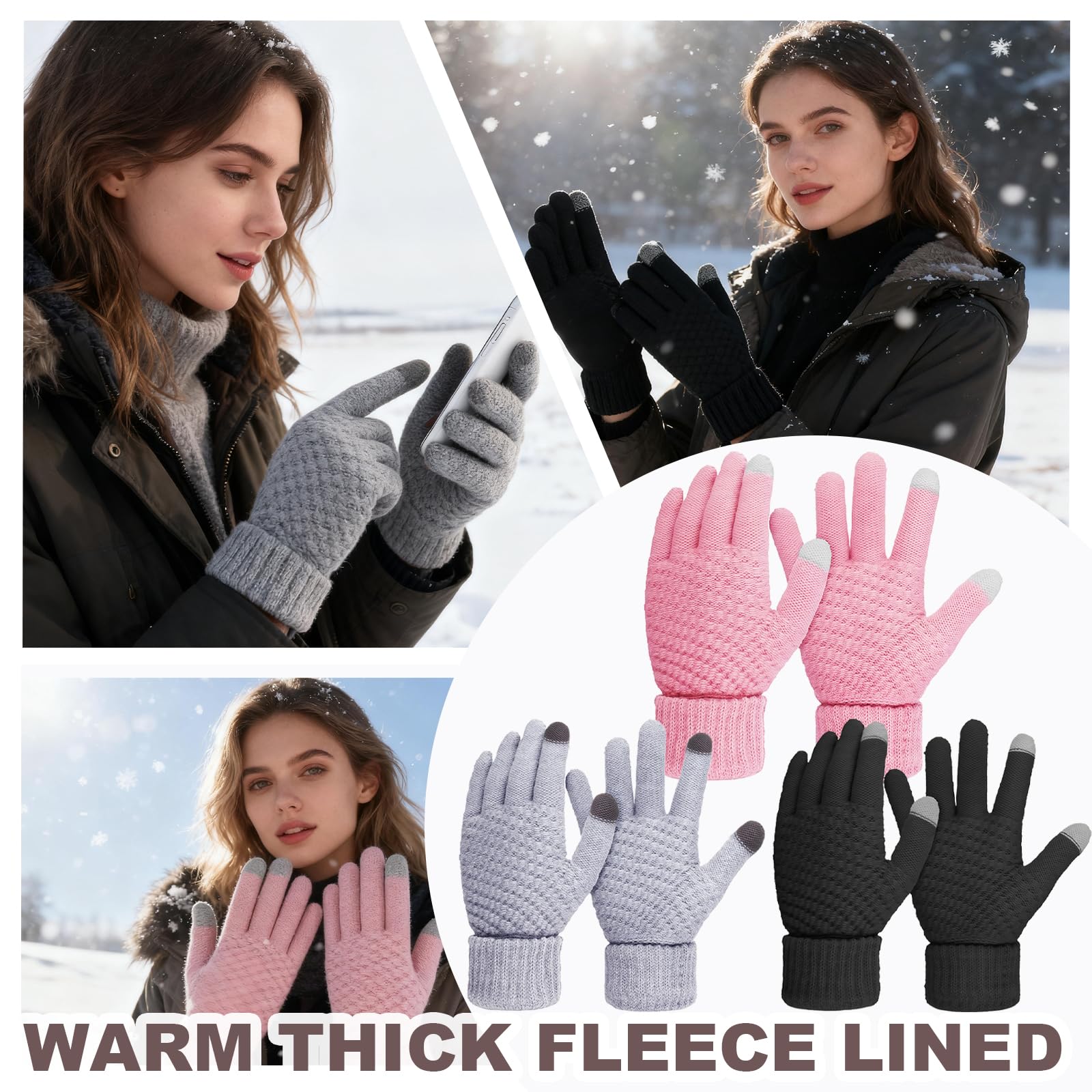 AYNKH Lot de 3 Paires de Gants Thermiques Femme, d’Hiver Chauds Tricotés Élastiques avec Doublure Polaire, Gants Tactiles Chauds pour Sport, Course, Ski, Vélo