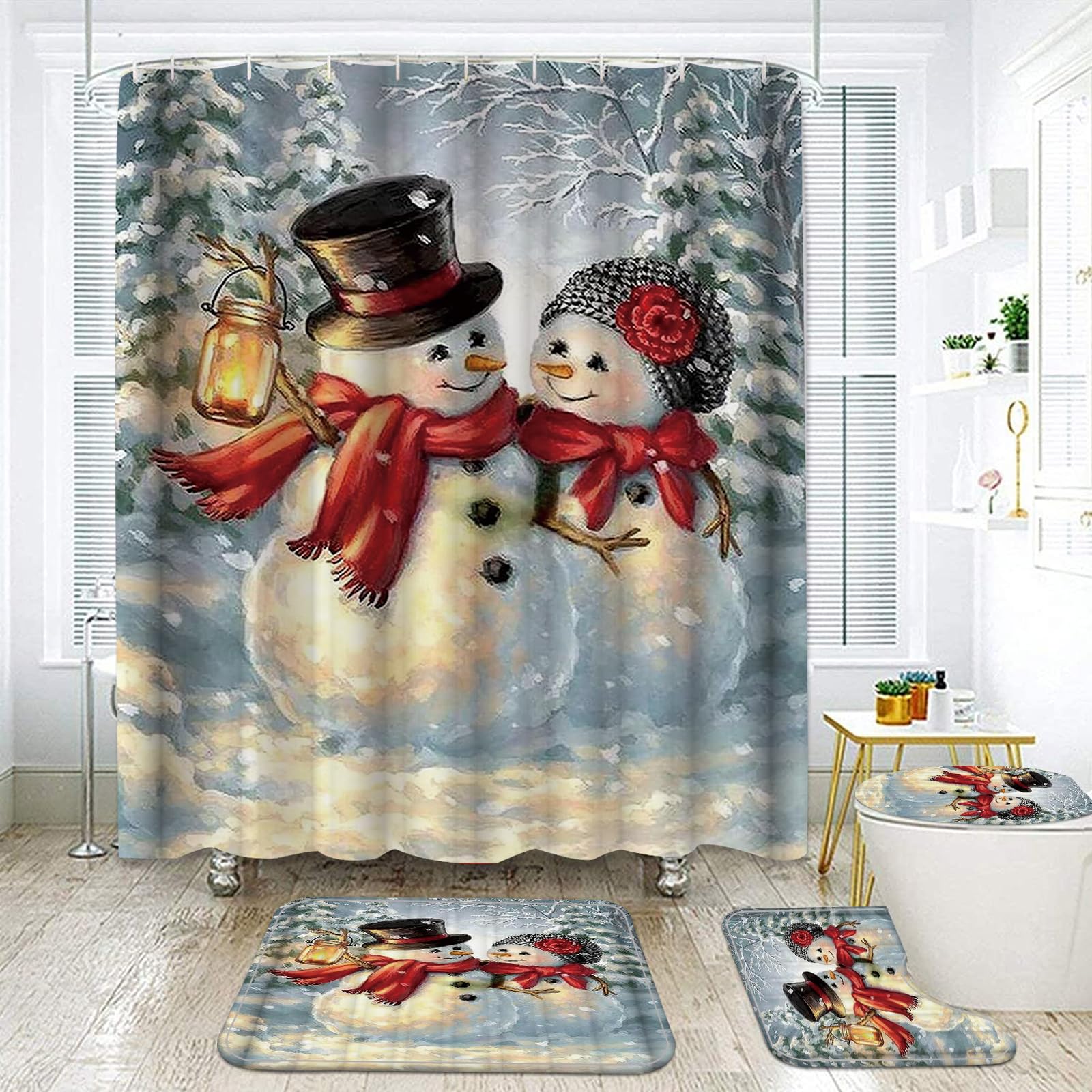 4 PCS Christmas Shower Curtain Sets, Xmas Bathroom Set Toilet Seat