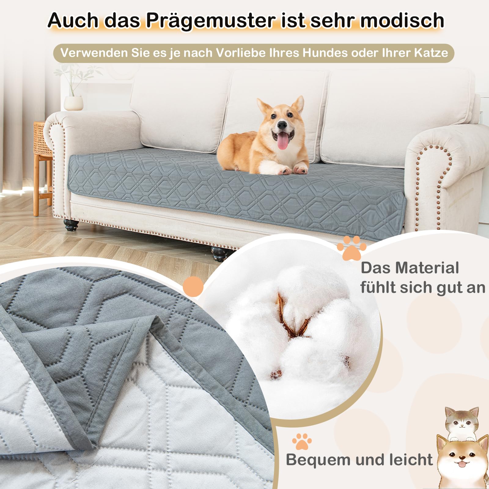 100% wasserdichte Hundedecke-Beidseitig verfügbar und weich Hundematte für großeund kleine Hunde,Schutz für Sofa & Bett& Auto - in der Waschmaschine waschbar (Grau, 137 * 208CM)