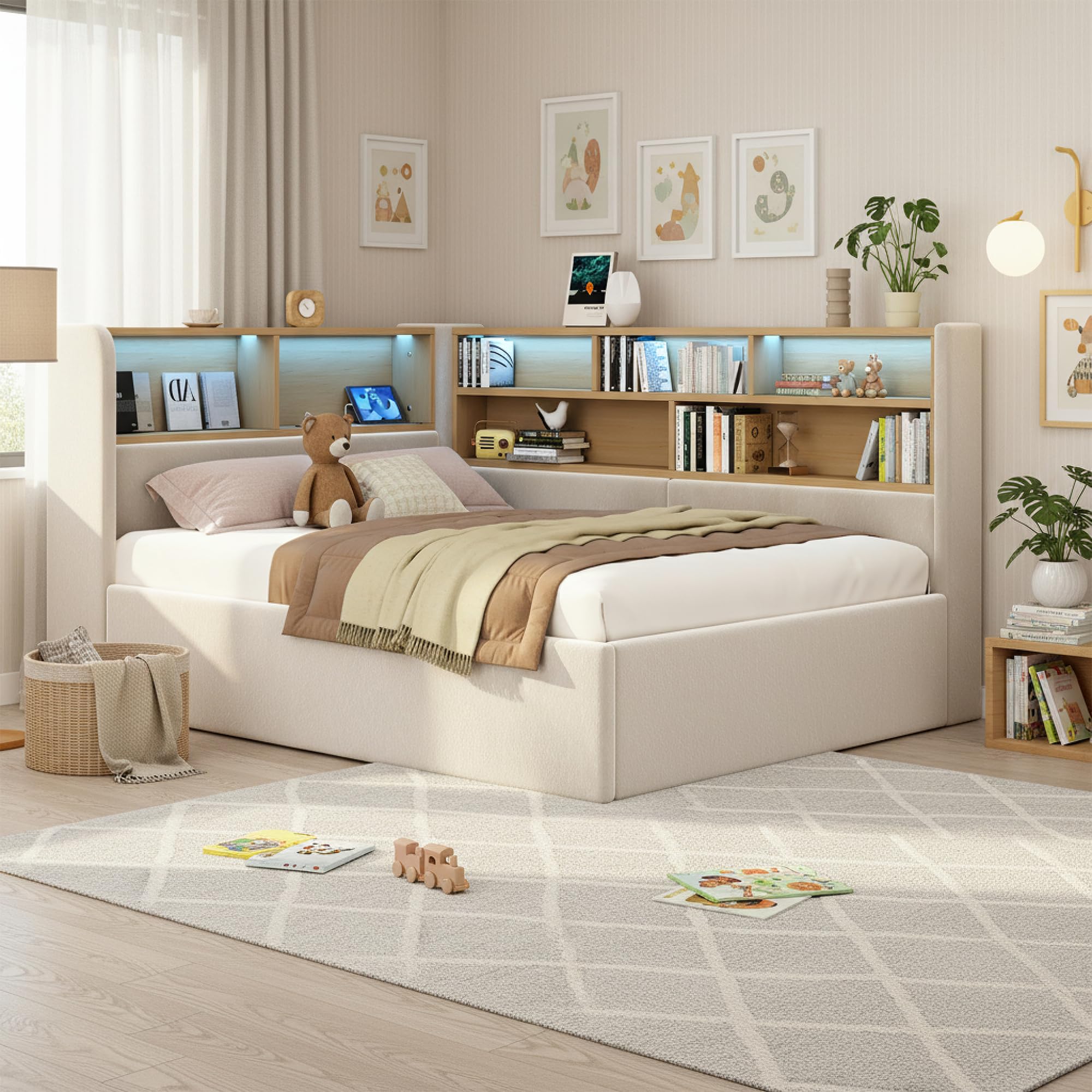 Ottoman Daybed Sofa Bed with Storage, L-shaped Upholstered with Storage Compartment, Bookcase, LED Light, USB Charging Port, 3FT Single Bed 90x190cm, Hydraulic Storage Bed Frame, Velvet, Beige