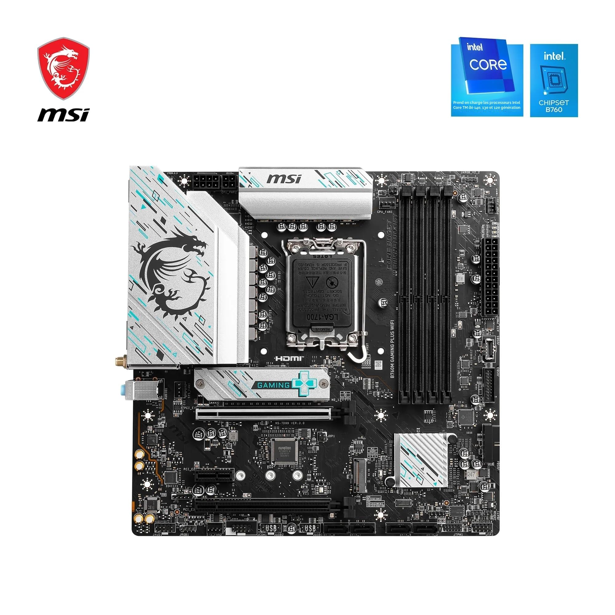 MSI B760M Gaming Plus WiFi Carte Mère, mATX - Compatible avec Les processeurs Intel de 14e, 13e et 12e Gén, LGA 1700 - DDR5 Memory Boost 6800+MHz/OC, 1x PCIe 4.0 x16, 2 x M.2 Gen4, LAN 2.5G, Wi-FI 6E