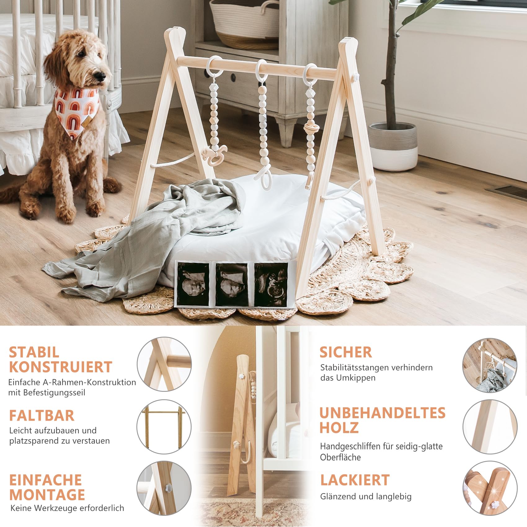 Mallify Spielbogen Baby Holz, Klappbar Spieltrapez mit 6 abnehmbaren Spielzeugen, Baby Gym Holz für Neugeborene