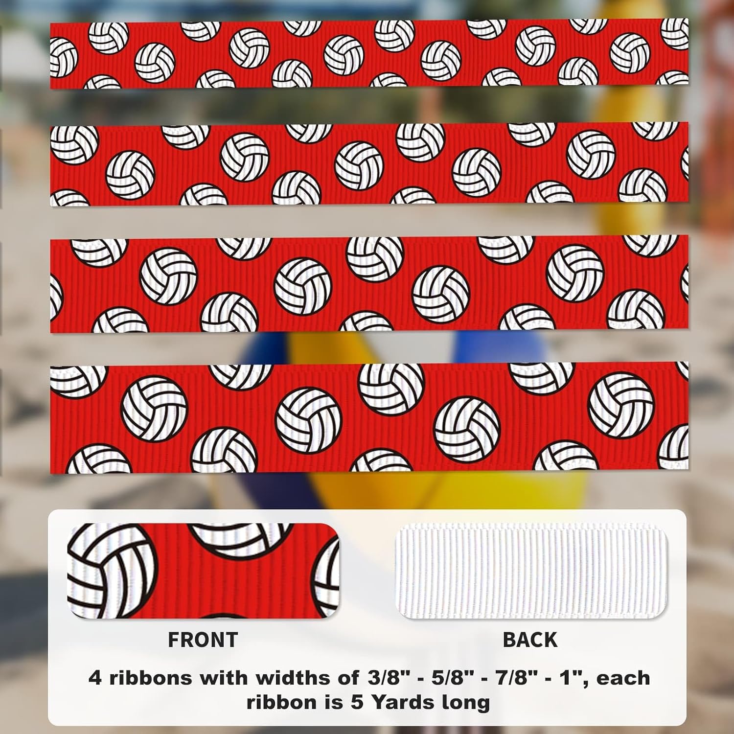 Volleyball Ribbon - Grosgrain Ribbons in 4 Sizes (3/8", 5/8", 7/8", 1"), 5-Yard Each - DIY Hair Bow Accessories, Gift Wrapping, Party Supplies, Team Presents & Sports Decorations (Red) image 2