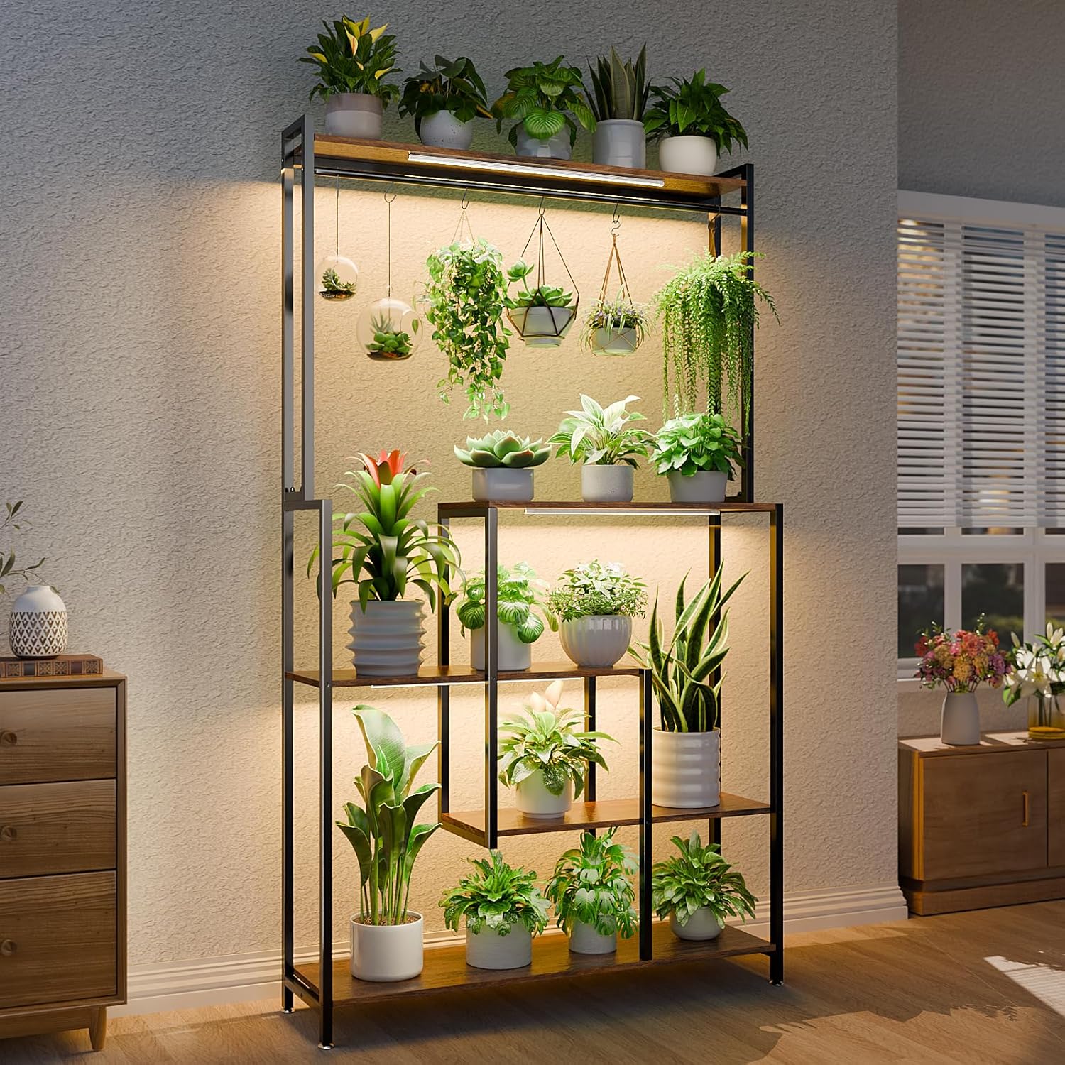 MJOMKN Large Plant Stand Indoor with Grow Light , 72" Tall Metal Plant Shelf, 5 Tiers 12 Pots Holder, Heavy-Duty Rectangle Display Rack for Living Room, Patio, Corner